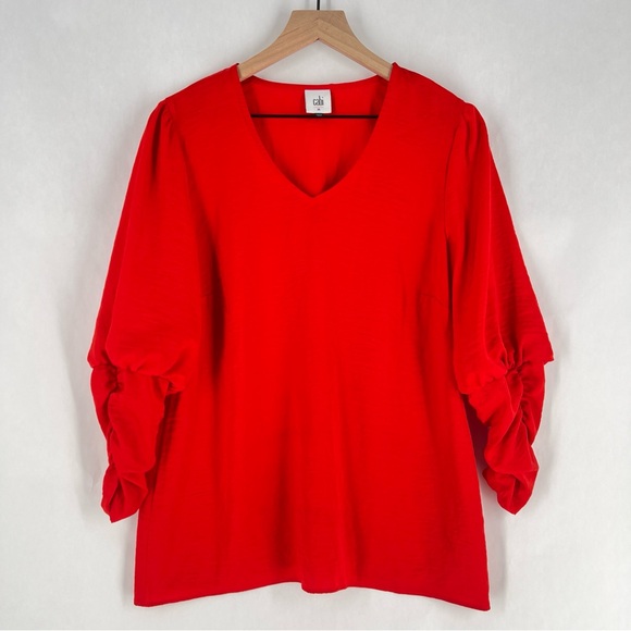 Cabi Red Aurora Blouse Gathered Sleeves V-Neck Top Satin Lightweight Size M - Picture 1 of 12